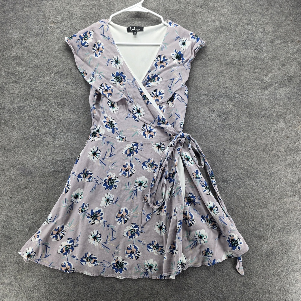 Lulus Dress Womens M Purple Floral Wrap Fit & Flare Short Flutter Sleeve Lined